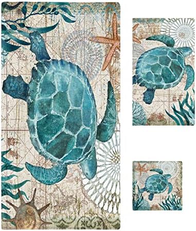 Tarifas de tartarugas marinhas de 3 peças Conjunto de toalhas de banho, Tartaruga marinha de luxo Decoração de banheiro de