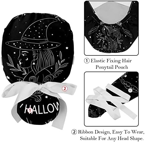 Capitões médicos para mulheres com botões de cabelo comprido, boné de trabalho ajustável de 2 peças, Halloween desenhado à mão com noite