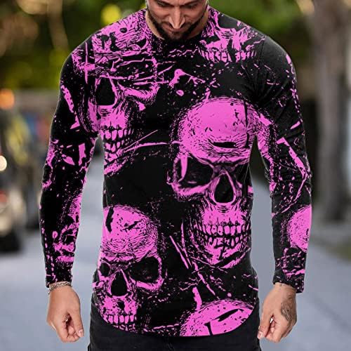 Camisetas de manga longa de Zddo mass, Halloween Skull Print Crewneck Muscle Tops Tops Fall Sports Casual Basic Tam camiseta