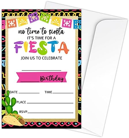 Zodvery mexicano Fiesta Birthday Party Invitations Cards - Taco Cactus Party Supplies for Kids, Boys ou Girls - 20 Preencha convites