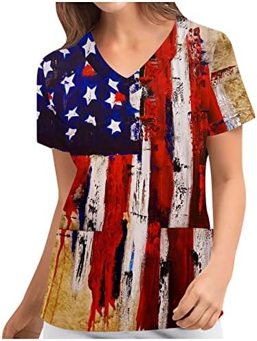 Dia da Independência Trabalho Tops Women American Flag Tees Shirts Stars Stripes Slave Short V Neck de 4º julho Camiseta de bolso