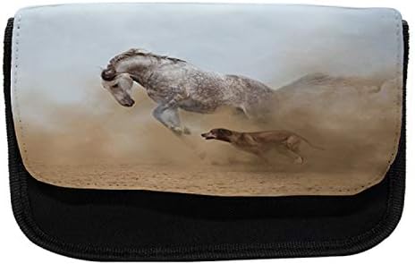 Caixa de lápis de cavalos lunarable, garanhão brincando com um cachorro, bolsa de lápis de caneta com zíper duplo, 8,5 x 5,5, creme