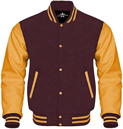 Baseball Varsity Bomber School Letterman Jacket Mangas de couro genuíno corpo de lã…