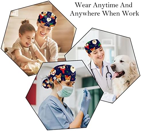 2 PCs Nurse Scrub Caps Cabelos longos, cachorro adorável com chapéu de Natal Capinho de trabalho ajustável com botão e banda de moletom