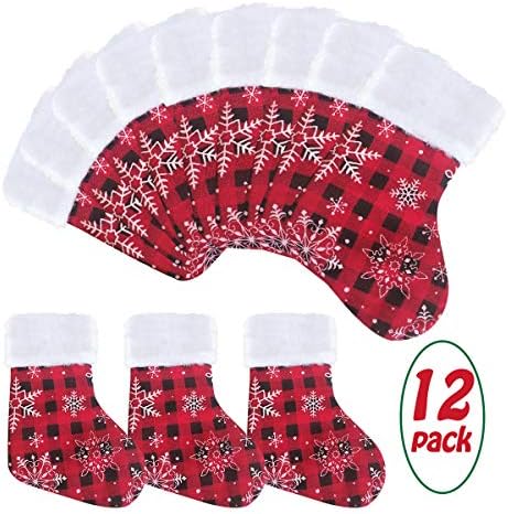 Vanteiam Mini meias de Natal de 7 polegadas 12 pacote, design de xadrez vermelho e verde personalizado rústico com floco de