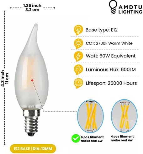 Lâmpadas de candelabra fosca de amdtu lideradas, lâmpadas de 40 watts de 60 watts tipo B Bulbos brancos macios 2700k,