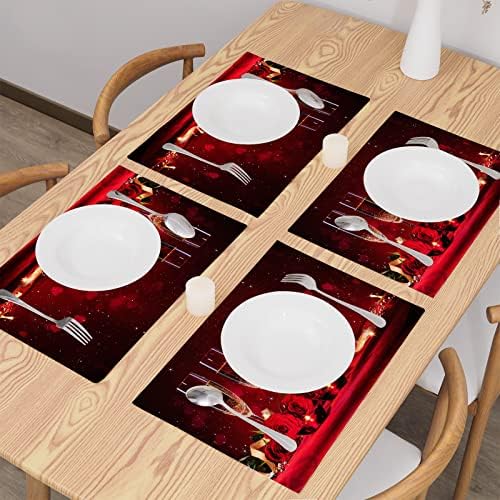 Dia dos namorados Rose Heart Placemats Conjunto de 4 tapetes de mesa vermelha para mesa de jantar de férias decorações internas