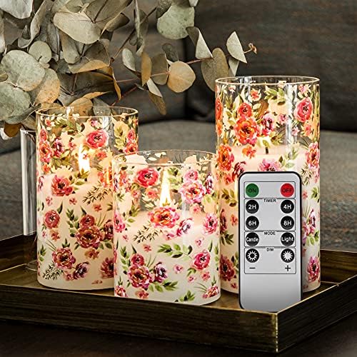 Eywamage Red Floral Glassless Celas sem chamas com velas de pilares com pilares de LEDs e pista de velas operadas por