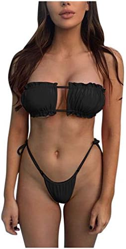 Vowua Women Bandeau Bikini Swimsuits Lace Up Bikini Set