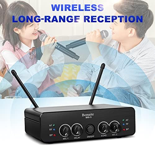 BOMAITE BX9-S UHF Wireless Microfone System ， Karaoke Microfone sem fio Micless sem fio Dual com controle de volume e eco, Dealy