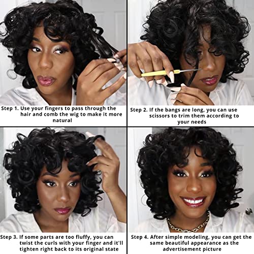 Keat Curly Wigs for Black Women Women Short Kinky Curly Wavy Black Wig com franja CARAÇÃO CABE