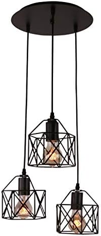 Marca unitária Rústico Black Metal Cage Shade Farmhouse Pendant Iluminação para ilha de cozinha com 3 soquetes E26 Bulbo,