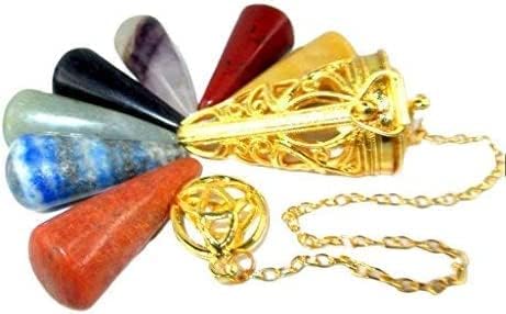 Jet TrikeTra Triple Moon Gold Metal Cage Pendulum W/ 7 Chakra Stones Cone A+ Intercambiável Substituir Jet International