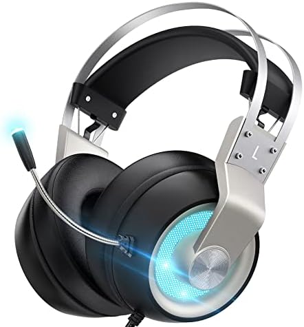 Calhuber Wired Gaming Headset com microfone para PC, drivers de 50 mm, controle de volume em linha, fones de ouvido LED, laptop de cancelamento