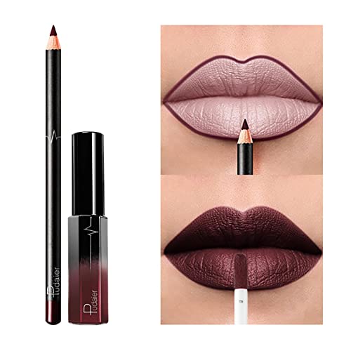 2PCS Lip Liner e Lipstick Conjunto natural Longo d'água à prova d'água hidratante batom líquido fosco aveludado com kit de linha de