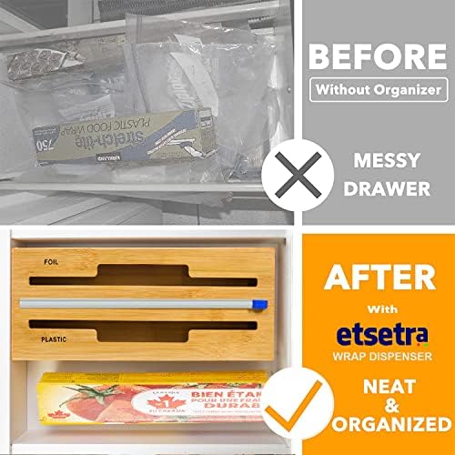 Distribuidor de Wrap Etsetra com cortador e rótulos, filme plástico de 2 em 1, papel alumínio e dispensador de bambu de cera para o