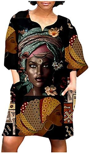 Vestidos africanos de tamanho grande para mulheres estampas vintage v pescoço de manga média mini vestido casual com bolso