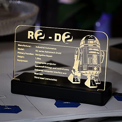 Placa de nomes de acrílico clara e brilhante com base de energia projetada para LEGO Star Wars: R2-D2 75308 Exibição de placas