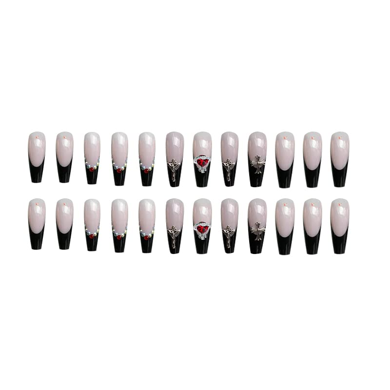 Beyeho 24pcs acrílico pressiona unhas longas e pretas pretas de pedras preciosas para mulheres e meninas, unhas falsas