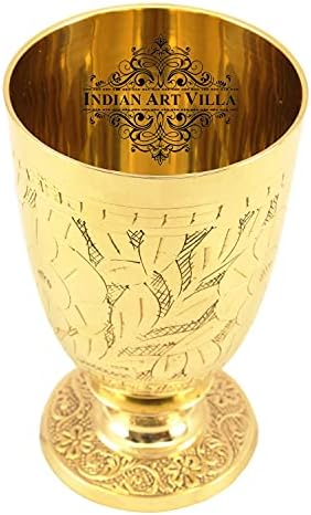 Indian Art Villa Brass Graved Design Glass Tumbler com suporte inferior 12 onças - Servindo água potável Hotel Hotel Hotel Tableware