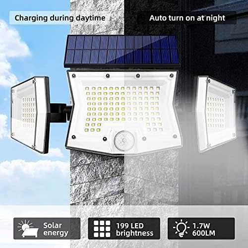 Luzes de parede solares UCGG ao ar livre, iluminação de 3 modos, 199 LED de 700lm Luzes de inundação 3 Cabeça 270 ° Faixa de