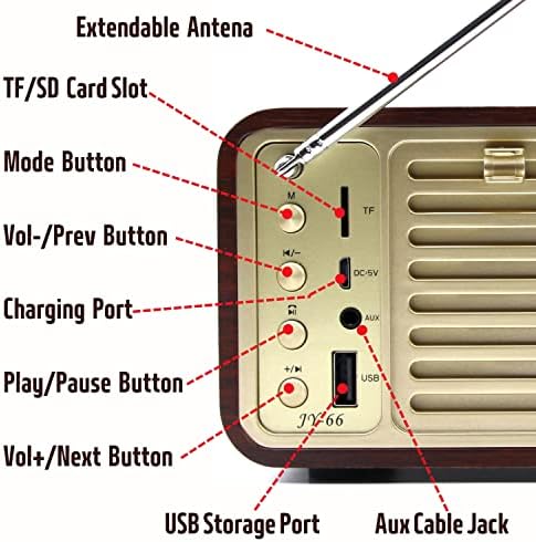 Lylifon Retro Retro -alto -falante Bluetooth FM com alto -falante Bluetooth Portable Bluetooth com aprimoramento de graves, cartão