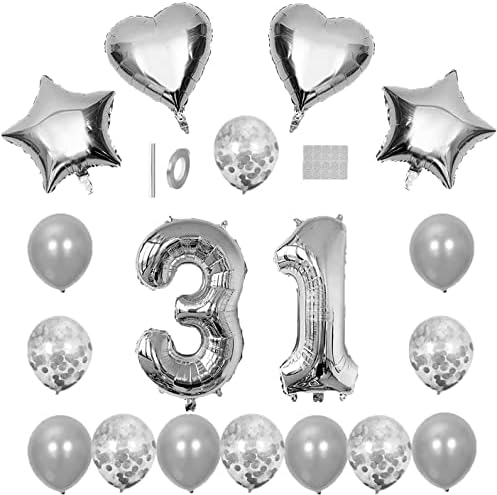 Número de prata 31 Balões Conjunto - 32 polegadas Número 31 Balloon Star Star Foil Mylar Confetti Latex Balão para meninos meninas