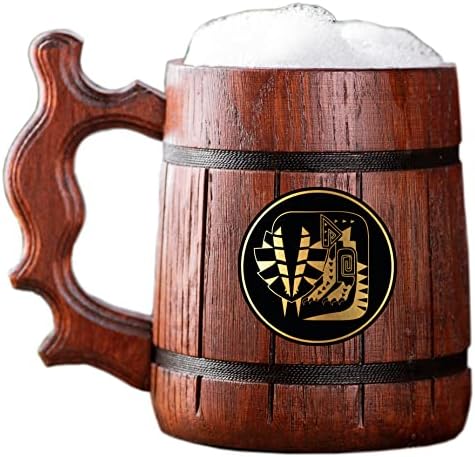 MHW Grande caneca de cerveja de madeira Girros. Caneca de cerveja MHW personalizada. Gamer caneca tanque. Presente