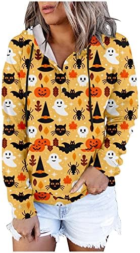 FlMaMart Pumpkin Sweatshirt Halloween Women Crewneck Animal Bat Print de Manga Longa Casual Longo Camisas de férias fofas Tops