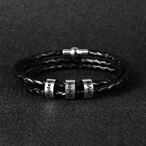 Bracelet de pulseira personalizada de alma masculina Pulseiras de couro preto personalizadas com 1-9 nomes gravados em contas personalizadas