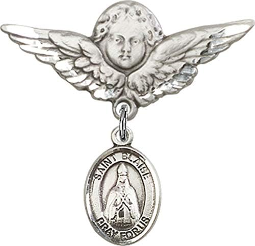 Jewels Obsession Baby Distranjo com St. Blaise Charm and Angel With Wings Badge Pin | Distintivo para bebês de prata esterlina