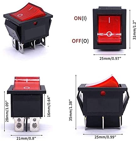 Uncaso 5pcs AC 250V/16A, 125V/20A Luz vermelha iluminada ON/ON DPDT 6 PIN 2 POSITION BOOK ROGHER CHANGER