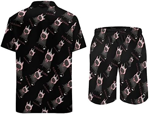 PUGICORN MEN MEN 2 Peças Hawaiian Set Button-Down Sleeve Shirts Calças de praia Logo