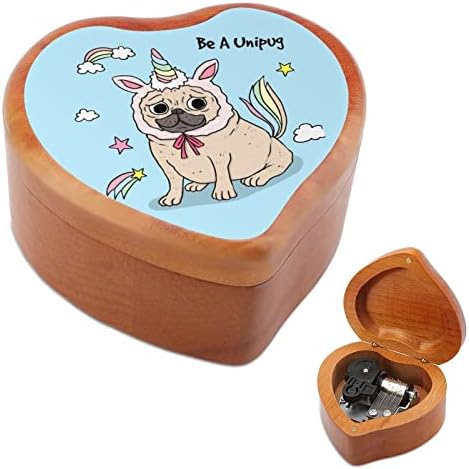 Unicorn Pugdog Wooden Music Box Windup Heart Heart Pried Musical Boxes Caso para aniversário de aniversário do dia dos namorados