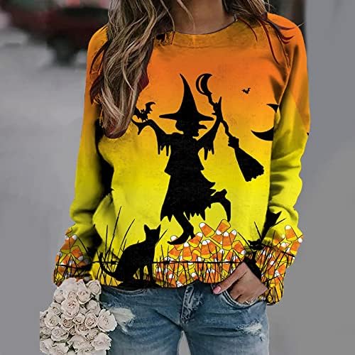 Suéteres de Halloween para mulheres, moda casual feminina 2022 Halloween Impressão de manga longa Pullover de pescoço O-pescoço