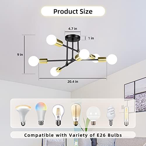 Lustre moderno de sputnik 6 lustre de lustre de espumoso leve luminária de ouro preto sputnik acessório de metal industrial