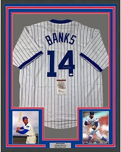 Ernie Banks autografado/assinado emoldurado 33x42 Jersey de beisebol de Chicago Pinstripe JSA CoA