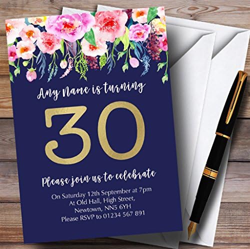 O card zoo azul e rosa flores aquarela 30º convites de festa de aniversário personalizados