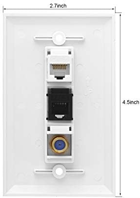 Placa de parede coaxial do telefone Ethernet - 1 porta Cat6 Keystone, 1 porta RJ11/RJ12 CAT3 Keystone, 1 porta coaxial F Placa
