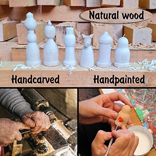 Conjunto de xadrez de madeira artesanal Khokhloma - peças de xadrez de madeira pintadas à mão como bonecas Matryoshka