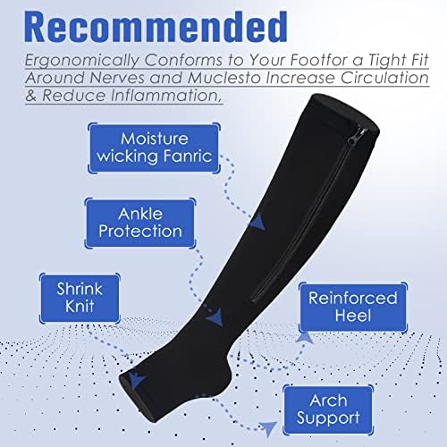 Bropite Zipper Socks de compressão-2 pares de bezerro 15-20 mmhg meias de compressão abertas para caminhar, correr, enfermeiras