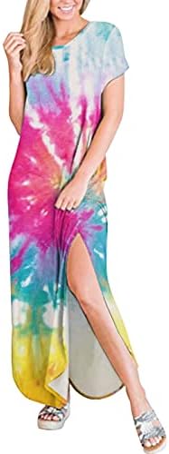 Vestido maxi para mulheres, feminino de manga curta casual vestido longo longa vestido de vestido de praia com bolsos