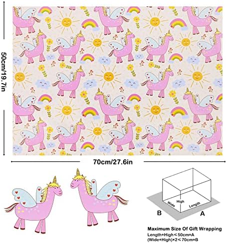 Unicórnio de voador mágico sobre arco -íris Flor Sunshine Dreams em lençóis de papel de embrulho rosa, cavalo de fantasia com asas