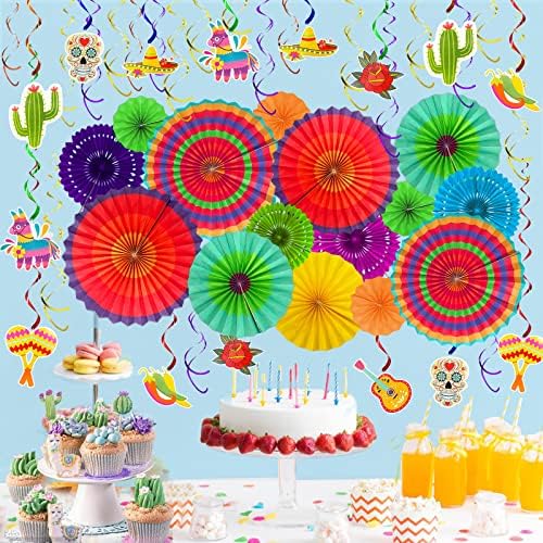Turnmeon 46pcs Decorações de festas mexicanas Fiesta, redemoinhos coloridos de fã de papel para Cinco de Mayo suprimentos de festa