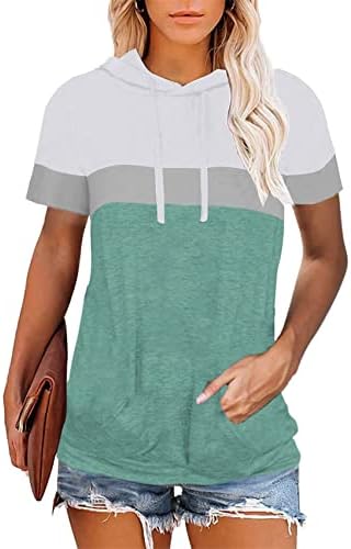 PGANDS Bloco de cores de verão feminino/tops sólidos moletons de manga curta Capuz de cordão macio, camisa casual solta com bolso