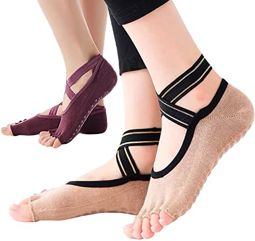 Meias de ioga 2 pares de meias não deslizantes para mulheres Toeless Socks Pilates Meias com garras para ioga, pilates, dança,