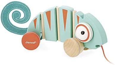 Janod - Chameleon Tropik Pull -Along - Toy de aprendizado precoce de madeira - Rodas Silenciosas - Trinjos Educacionais de