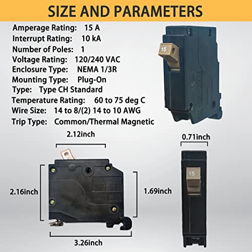 Disjuntor CH115 de 1 pole de 15-AMP, disjuntor de caixa moldada de plug-on de 3 polegadas, Proteção magnética térmica, 10 kaic, 120/240V,
