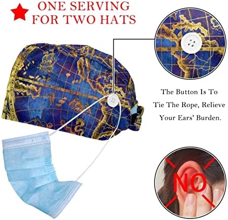 Deyya mapa mundial Cap com botão Long Hair Working Hat Helder Porte 2 Pacotes Chapéus de amarração ajustáveis ​​para homens homens