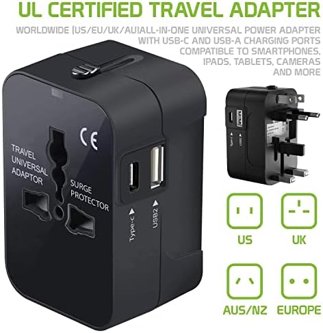 Viagem USB Plus International Power Adapter Compatível com T-Mobile Prism II para poder mundial para 3 dispositivos USB TypeC, USB-A